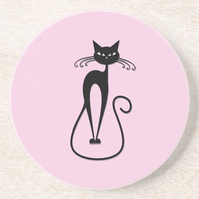 Dessous De Verre En Grès Chat noir maigre fantaisiste rose (Devant)