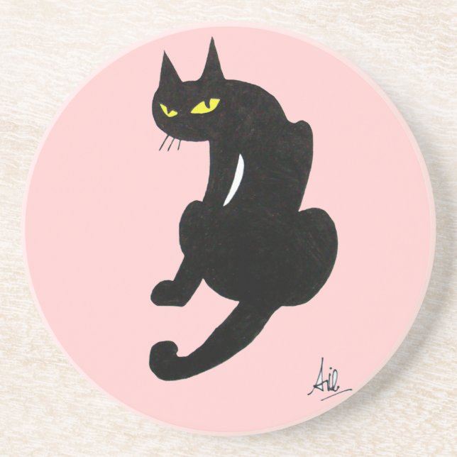 Dessous De Verre En Grès CHAT NOIR, rose (Devant)