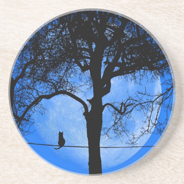 Dessous De Verre En Grès Chat sur un fil Lune Bleue (Devant)