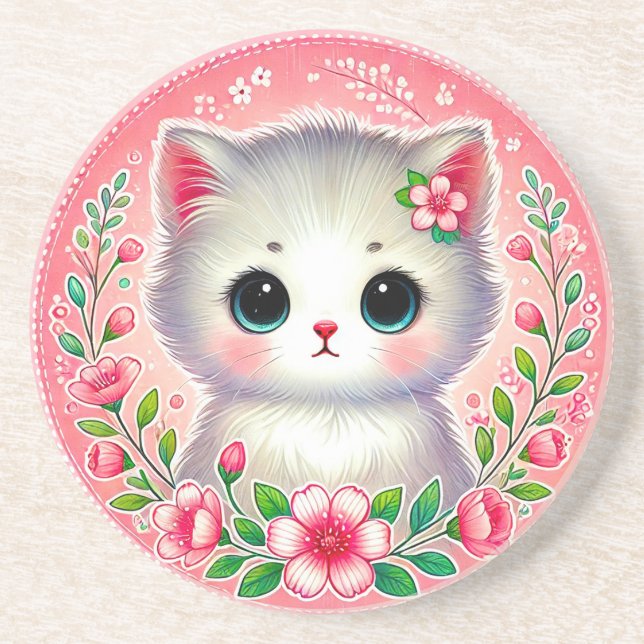 Dessous De Verre En Grès Chaton blanc adorable entouré de fleurs roses (Devant)