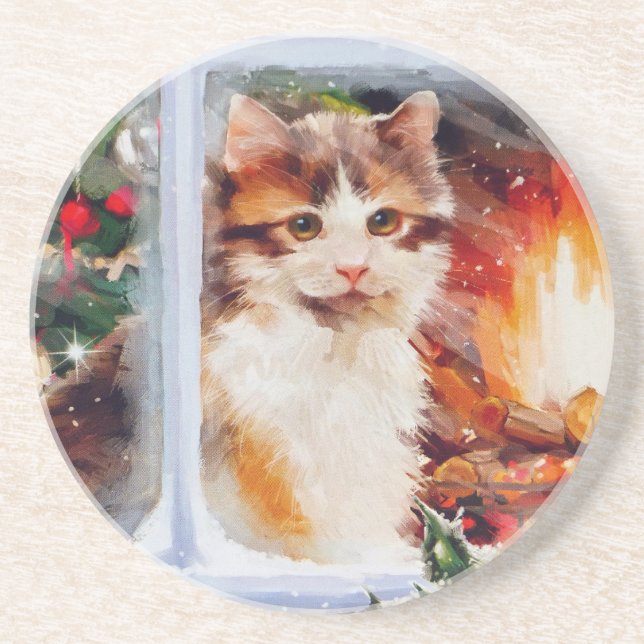 Dessous De Verre En Grès Chaton de Noël (Devant)