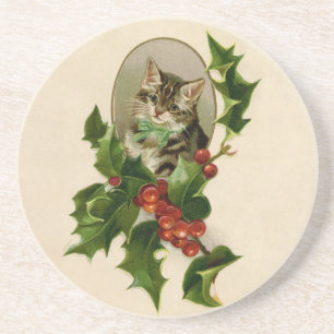 Dessous De Verre En Grès Chaton de Noël victorien au milieu du houx, tabby