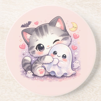 Dessous De Verre En Grès Chaton Kawaii Câlin Fantôme
