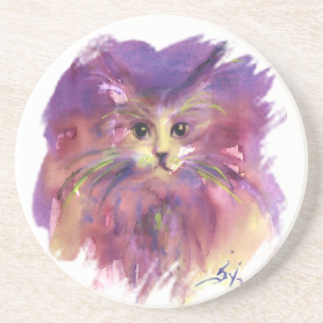 DESSOUS DE VERRE EN GRÈS CHATON VIOLET, PORTRAIT DE CHAT (Devant)