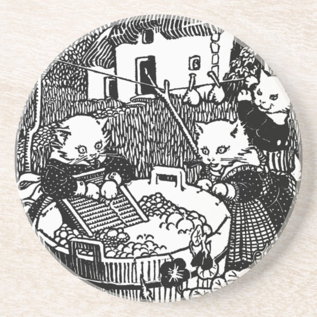 Dessous De Verre En Grès Chatons lavant la comptine de mitaines (Devant)