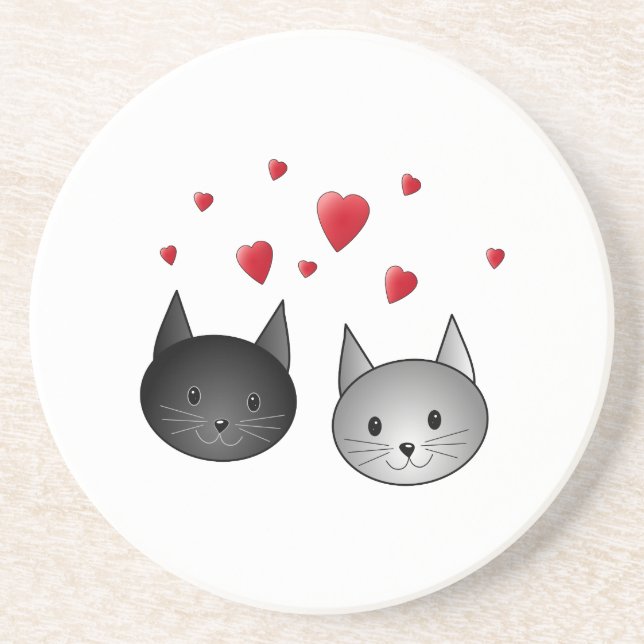 Dessous De Verre En Grès Chats noirs et gris mignons, avec des coeurs (Devant)
