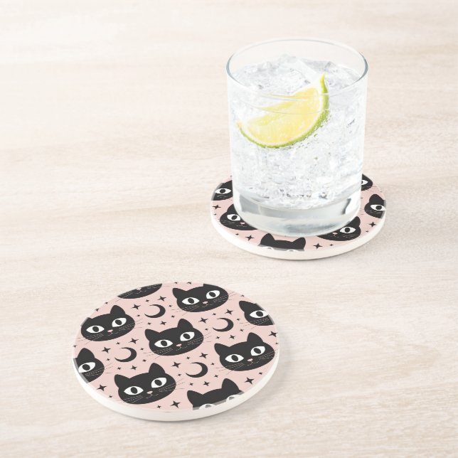 Dessous De Verre En Grès Chats noirs mignons & Halloween céleste (Côté)