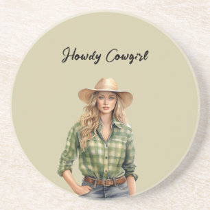 Dessous De Verre En Grès Chemise à carreaux verte Cowgirl blonde Howdy