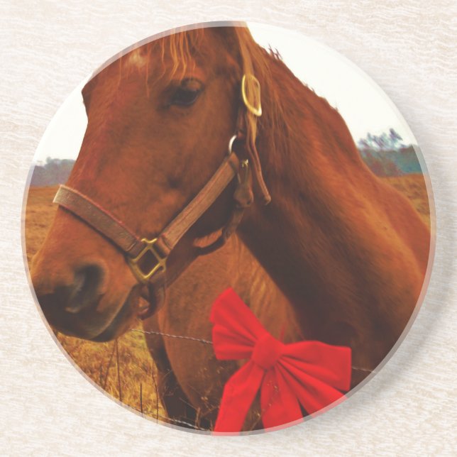 Dessous De Verre En Grès Cheval avec un ruban rouge (Devant)