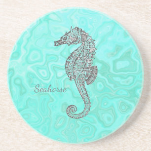 Dessous De Verre En Grès Cheval de mer sur Aqua Splash Marbre Turquoise Mot