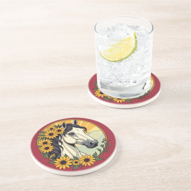 Dessous De Verre En Grès Cheval Thoroughbred Et Fleurs Susan À Oeil Noir (Côté)