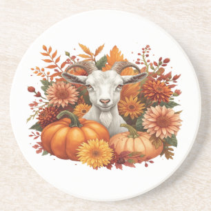 Dessous De Verre En Grès Chèvre avec fleurs d'automne & Citrouille