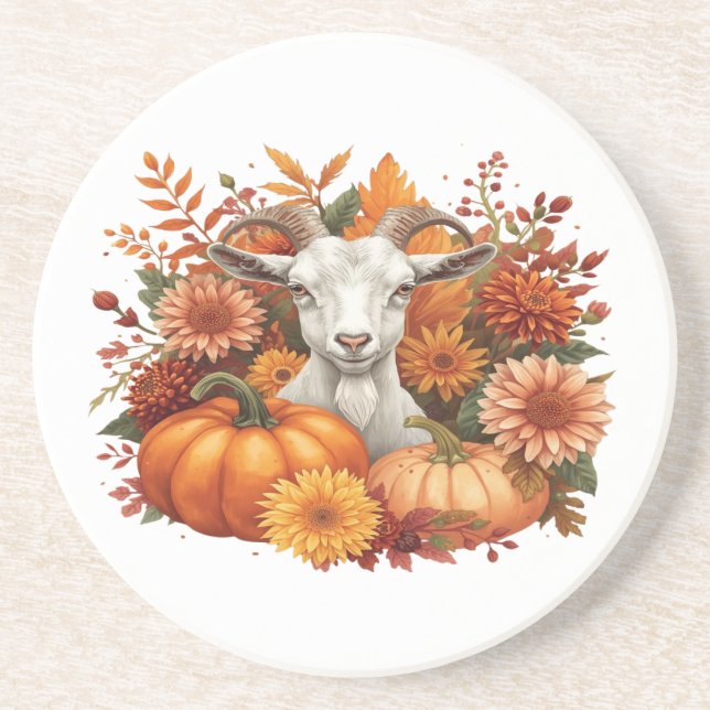 Dessous De Verre En Grès Chèvre avec fleurs d'automne & Citrouille (Devant)