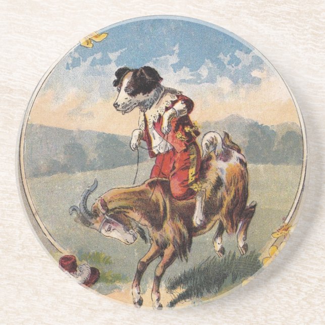 Dessous De Verre En Grès Chèvre humoristique et chien en route (Devant)