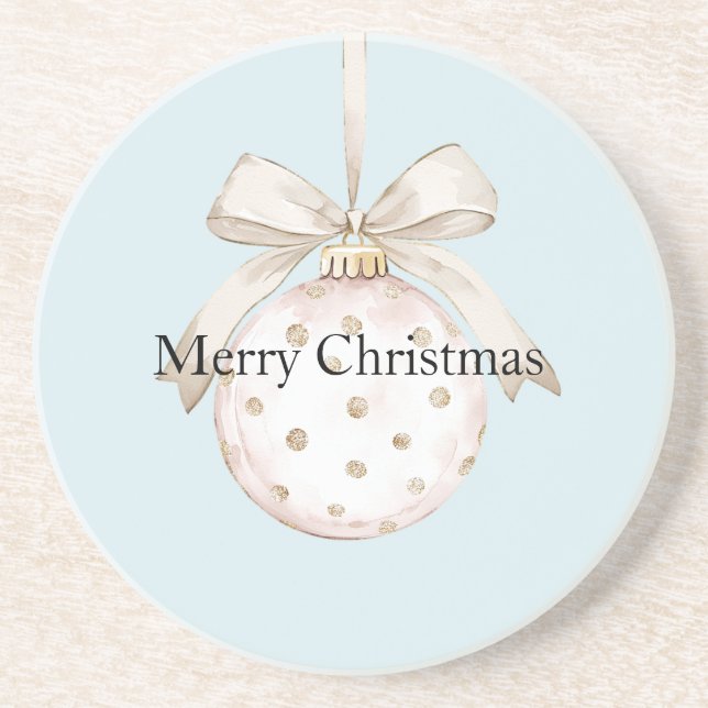Dessous De Verre En Grès Chic Bleu Points Bow Ornement Noël (Devant)