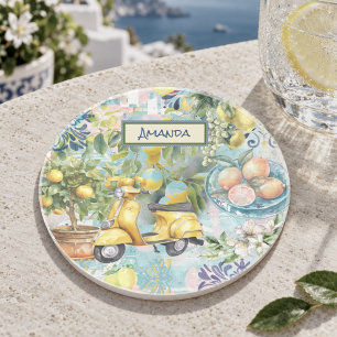 Dessous De Verre En Grès Chic Bleu Turquoise Floral Citrus Sicilien