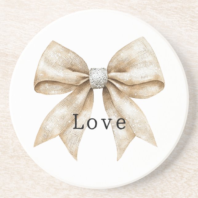 Dessous De Verre En Grès Chic Crème Glam Argent Bow Amour (Devant)