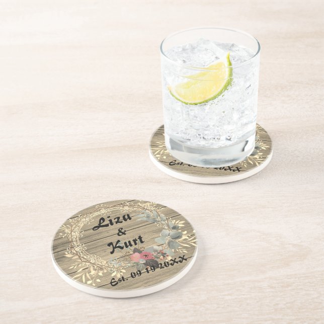 Dessous De Verre En Grès Chic Floral Wreath Rustique Mariage (Côté)