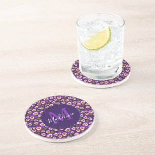 Dessous De Verre En Grès Chic Pansies florales Motif violet Monogramme