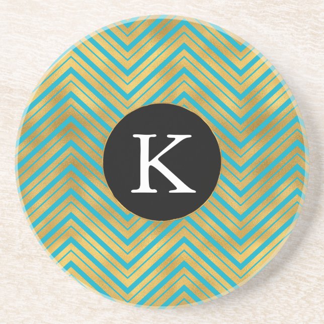 Dessous De Verre En Grès Chic Turquoise Or Chevron Monogramme (Devant)