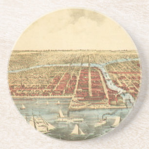 Dessous De Verre En Grès Chicago Antique Map, LaSalle Street et River