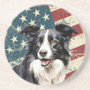 Dessous De Verre En Grès Chien Border Collie Drapeau Américain Grunge
