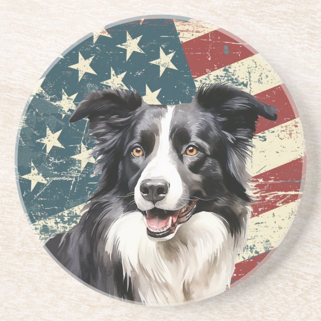 Dessous De Verre En Grès Chien Border Collie Drapeau Américain Grunge (Devant)