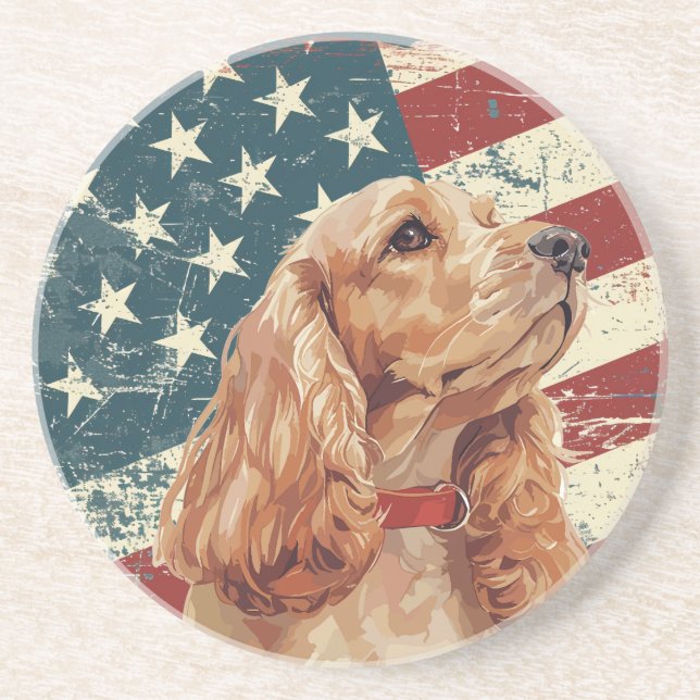 Dessous De Verre En Grès Chien Cocker Spaniel Drapeau Américain Grunge (Devant)
