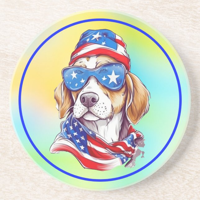 Dessous De Verre En Grès Chien de sublimation du 4 juillet (Devant)