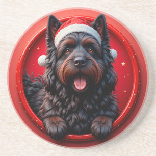 Dessous De Verre En Grès Chien en chapeau de Père Noël entouré de Noël fest