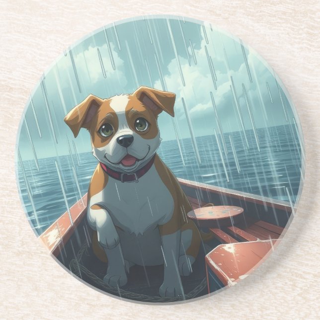 Dessous De Verre En Grès Chien sur un bateau dans l'océan sous la pluie (Devant)