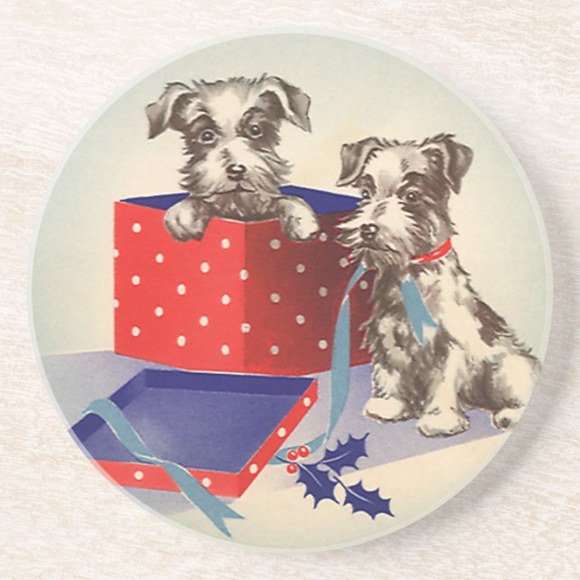 Dessous De Verre En Grès Chiens Chiots mignons, Voeux de Noël Vintage (Devant)