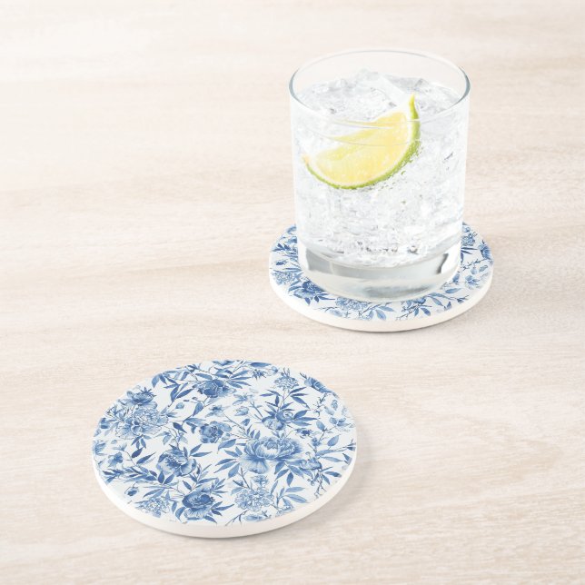 Dessous De Verre En Grès Chinoiserie bleue aquarelle florale botanique (Côté)