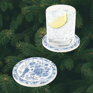 Dessous De Verre En Grès Chinoiserie élégante bleu blanc floral