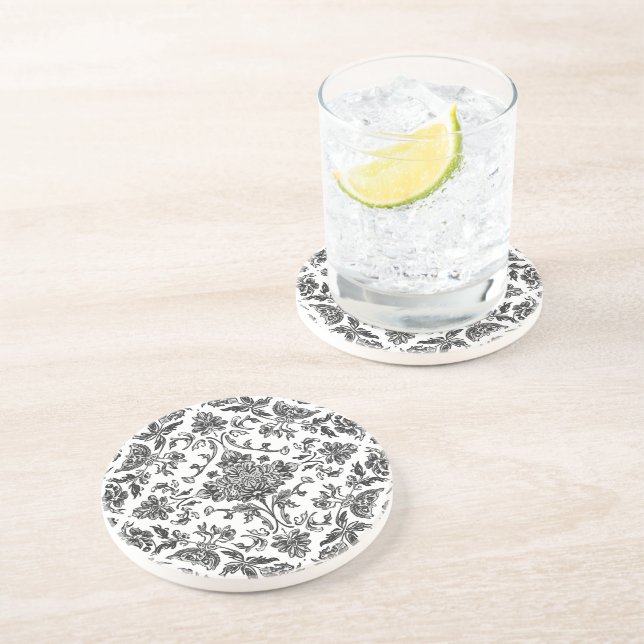 Dessous De Verre En Grès Chinoiserie Florale Aquarelle Noir & Blanc (Côté)