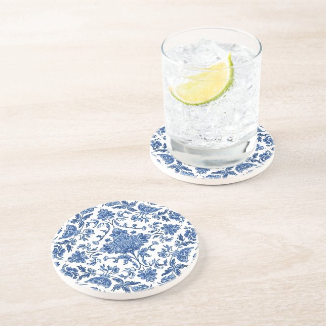 Dessous De Verre En Grès Chinoiserie florale bleue aquarelle blanche (Côté)