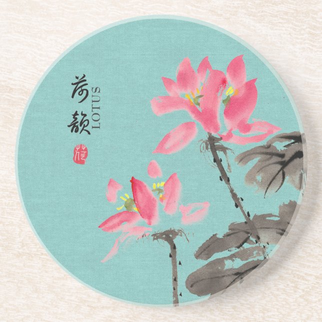 Dessous De Verre En Grès Chinoiserie Libre Aquarelle Lotus Fleurs (Devant)