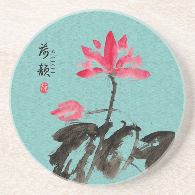 Dessous De Verre En Grès Chinoiserie Libre Aquarelle Lotus Fleurs (Devant)