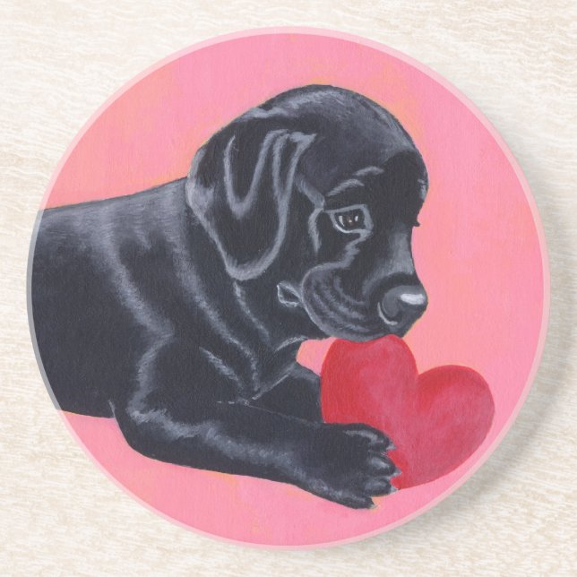 Dessous De Verre En Grès Chiot de Labrador et peinture noirs de coeur (Devant)