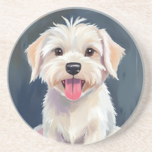 Dessous De Verre En Grès Chiot maltais Peinture de chien blanc