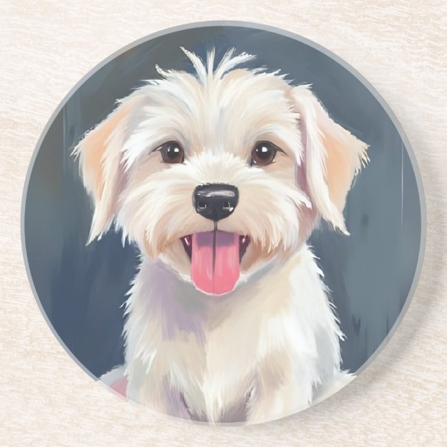 Dessous De Verre En Grès Chiot maltais | Peinture de chien blanc (Devant)