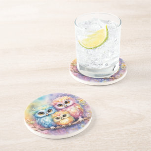 Dessous De Verre En Grès Chouettes d'oiseaux arc-en-ciel 5