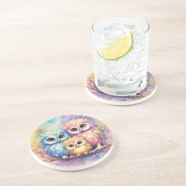 Dessous De Verre En Grès Chouettes d'oiseaux arc-en-ciel 5 (Côté)