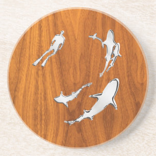 Dessous De Verre En Grès Chrome style Diver with Sharks on Teak Veneer