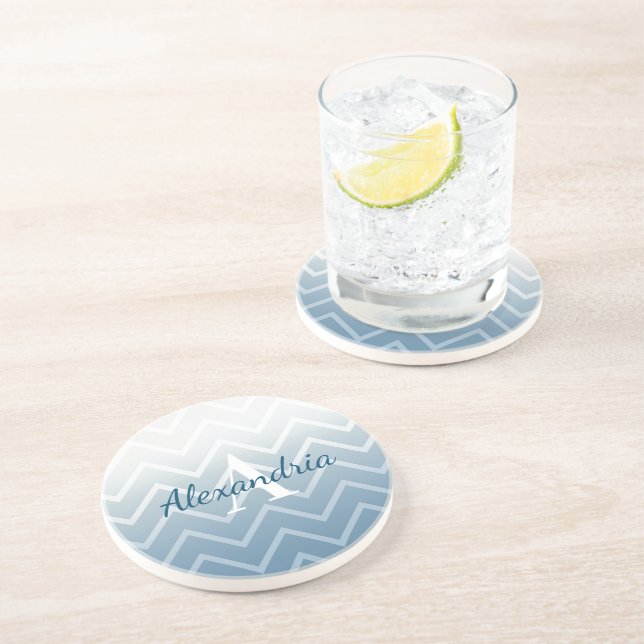 Dessous De Verre En Grès Ciel Bleu Chevron Blanc (Côté)