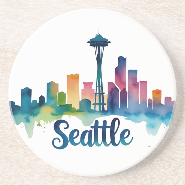 Dessous De Verre En Grès Ciel de Seattle à l'aquarelle (Devant)
