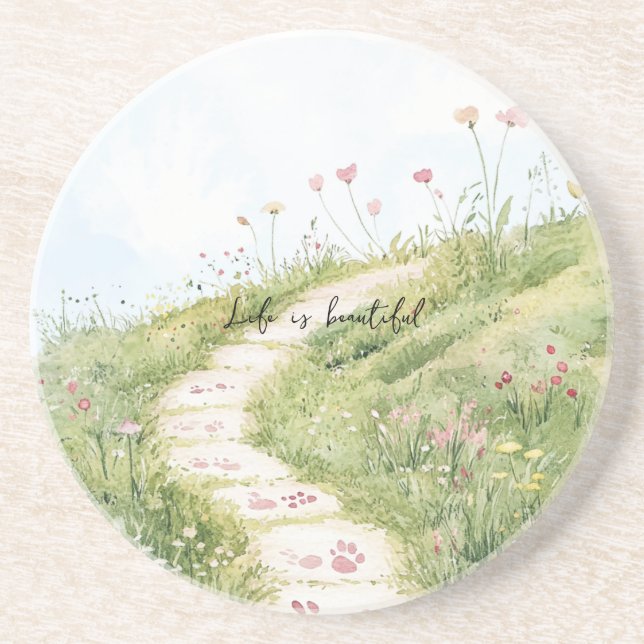 Dessous De Verre En Grès Cieux Bleus Chemin d'Herbe Fleurs Roses (Devant)
