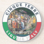 Dessous De Verre En Grès Cinque Terre Italie Aquarelle Cercle Vintage<br><div class="desc">Design d'art de voyage rétro des Cinque Terre. Les Cinque Terre est une succession de villages balnéaires centenaires situés sur la côte accidentée de la Riviera italienne.</div>