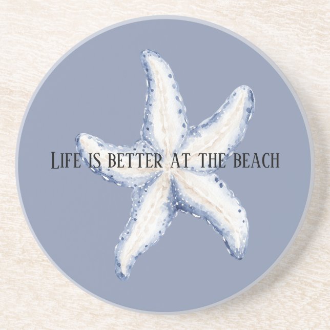 Dessous De Verre En Grès Citation Étoile de Mer Blanche Bleue de Plage (Devant)