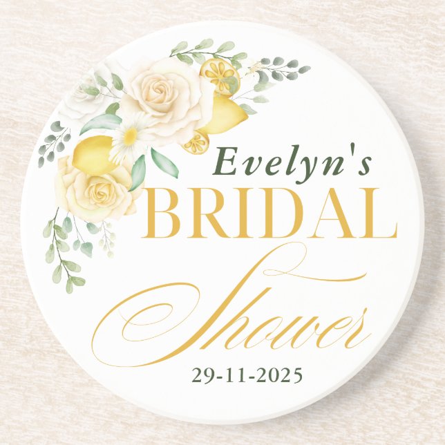 Dessous De Verre En Grès citrons Eucalyptus Rose Agrumes Baby Shower Fille (Devant)